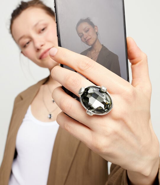 Large ring with grey oval faceted crystal, Silver, large