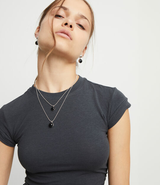 Multi-layer pendant link necklace with black murano glass, Silver, large