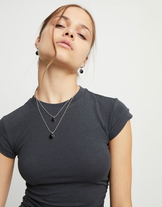 Multi-layer pendant link necklace with black murano glass, Silver, large