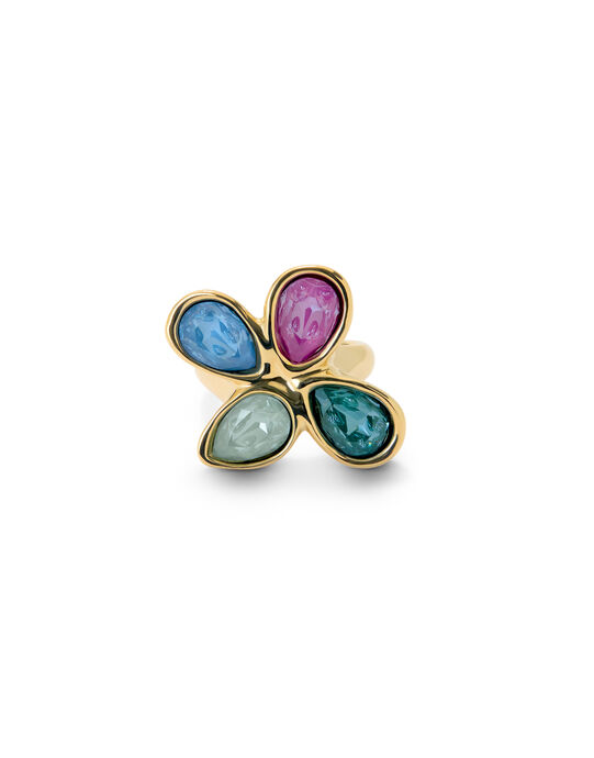 Ring with four multicoloured drop-shaped faceted crystals