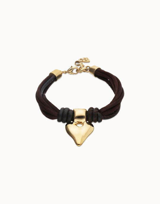 Bracelet in silk thread and brown leather with heart