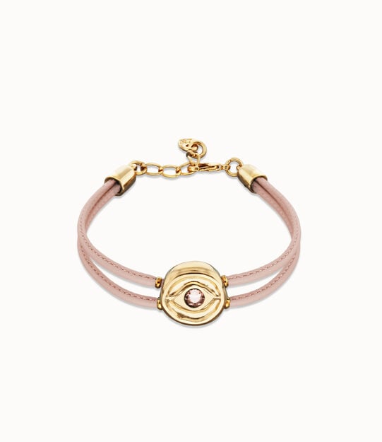 Pulsera doble de cuero rosa con ojo bañado en oro 18k