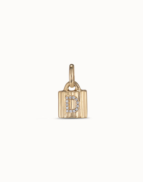 Charm candado ba&ntilde;ado en oro de 18K ley con letra de topacios D