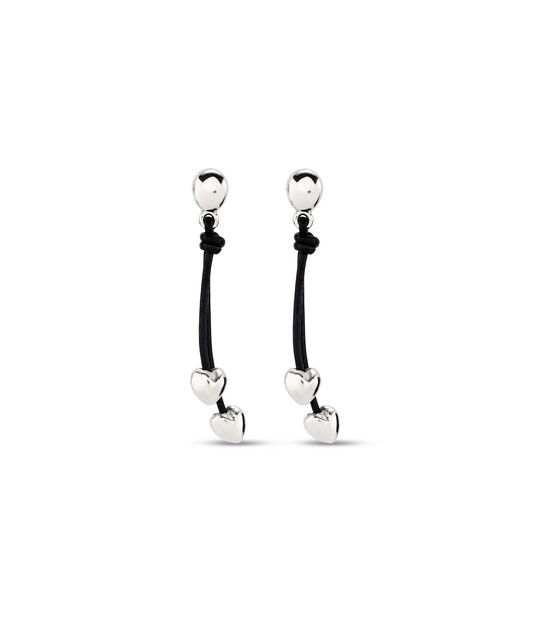 Earrings with leather chain pendant and two small sterling silver-plated hearts