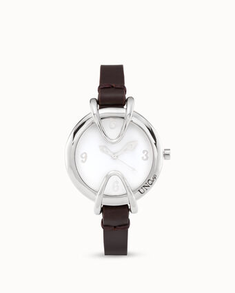 Sterling silver-plated watch with black leather strap and round white dial