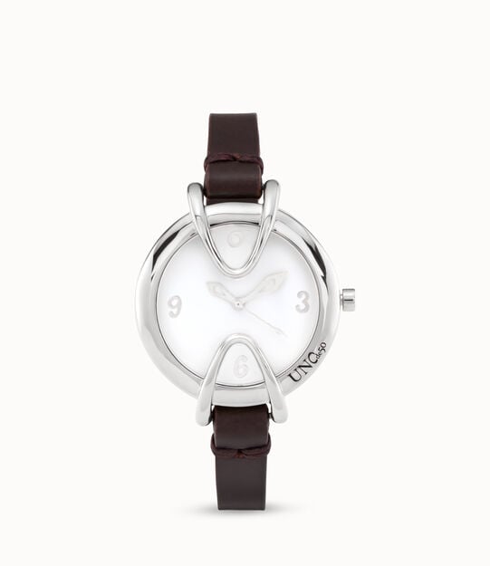 Reloj bañado en plata de ley con correa de cuero negra, esfera redonda con interior en color blanco