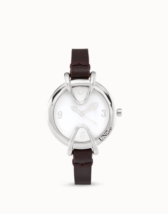 Sterling silver-plated watch with black leather strap and round white dial