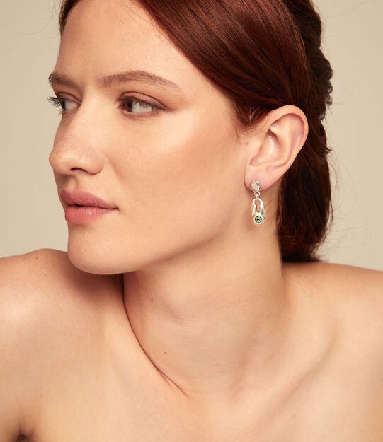 Drop earrings with green crystal, Silver, large