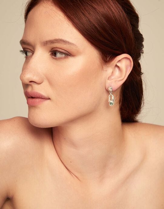 Drop earrings with green crystal, Silver, large