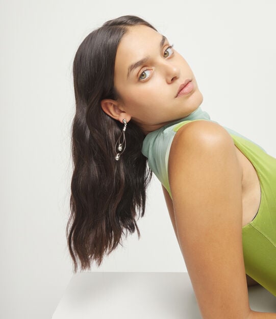 Drop earrings with leather earrings and sphere detail, Silver, large