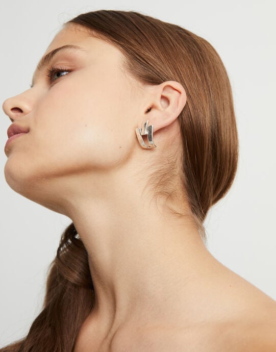 Triple-Curve Stud Earrings, Silver, large