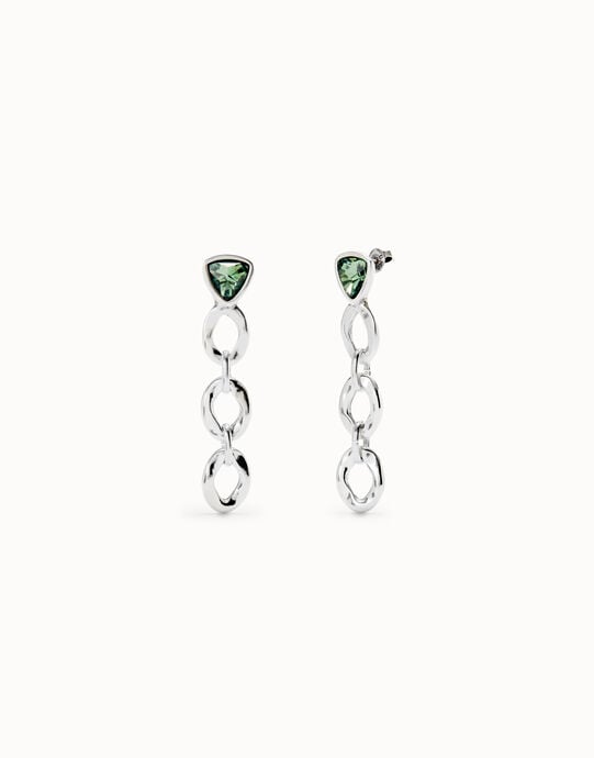 Pendientes largos con eslabones y cristal verde triangular
