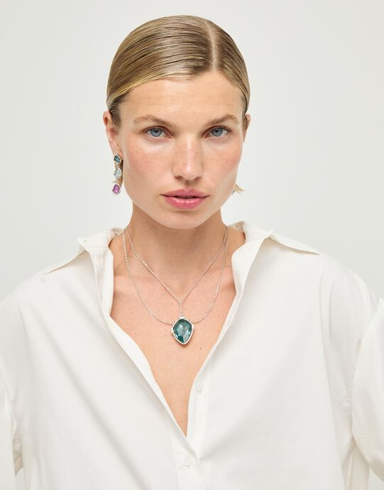 Collier double plaqu&eacute; argent avec pendentif central en cristal facett&eacute; vert en forme de goutte, Argent, large