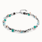 Collar corto de doble tira de cuero con eslabones ba&ntilde;ado en plata de ley, perla y cristales artesanales