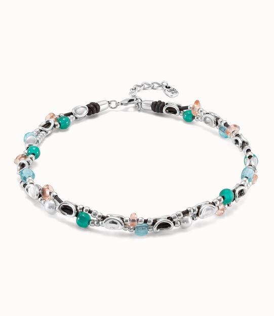 Collar corto de doble tira de cuero con eslabones bañado en plata de ley, perla y cristales artesanales