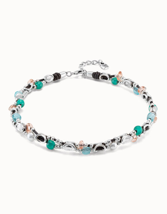 Collar corto de doble tira de cuero con eslabones ba&ntilde;ado en plata de ley, perla y cristales artesanales