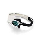 Silver semi-rigid bracelet with leather and a green drop-shaped faceted crystal