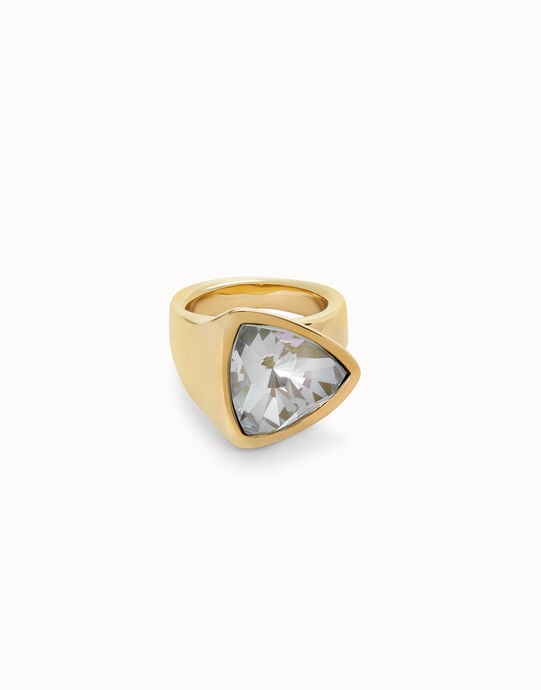 Anillo en forma triangular ba&ntilde;ado en oro 18k con cristal multicolor