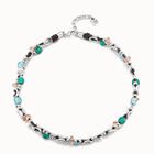 Collar corto de doble tira de cuero con eslabones ba&ntilde;ado en plata de ley, perla y cristales artesanales
