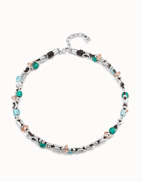 Collar corto de doble tira de cuero con eslabones ba&ntilde;ado en plata de ley, perla y cristales artesanales, Silber, large