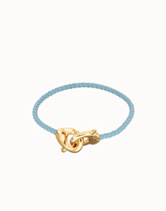 Pulsera de cuero azul con mosquet&oacute;n entrelazado en oro