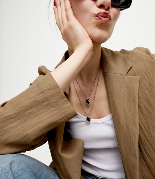 Multi strand necklace with two black oval faceted crystals, Silver, large