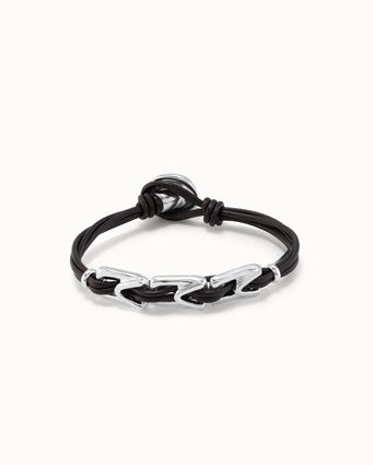 Bracelet en cuir avec 3 maillons centraux plaqués argent avec fermoir bouton