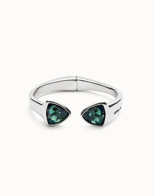 Bracelet &eacute;pais plaqu&eacute; argent avec deux grands cristaux &agrave; facettes verts au centre