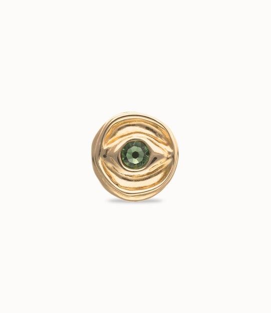 Anillo tipo sello bañado en oro 18k y forma de ojo con cristal facetado verde