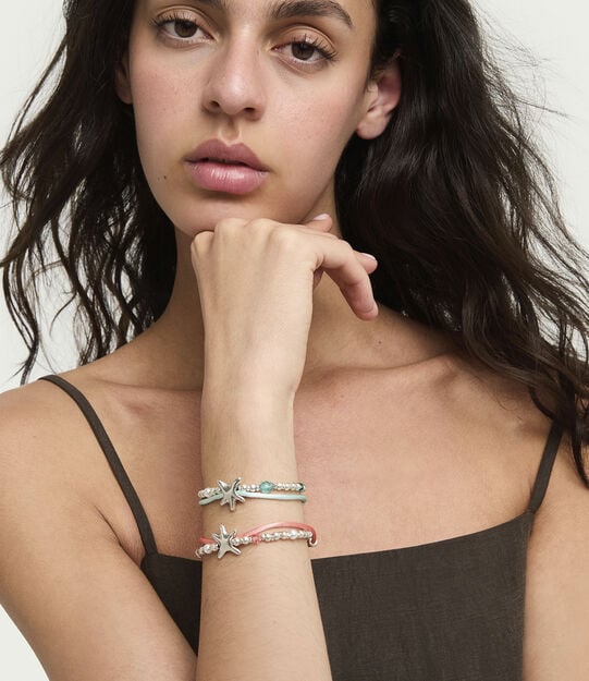 Orange silk thread and metal bracelet with starfish, Silver, large