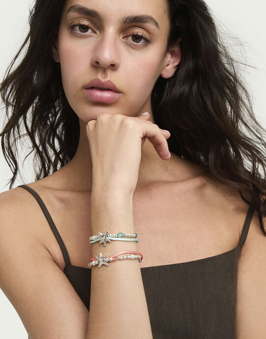 Orange silk thread and metal bracelet with starfish, Silver, large