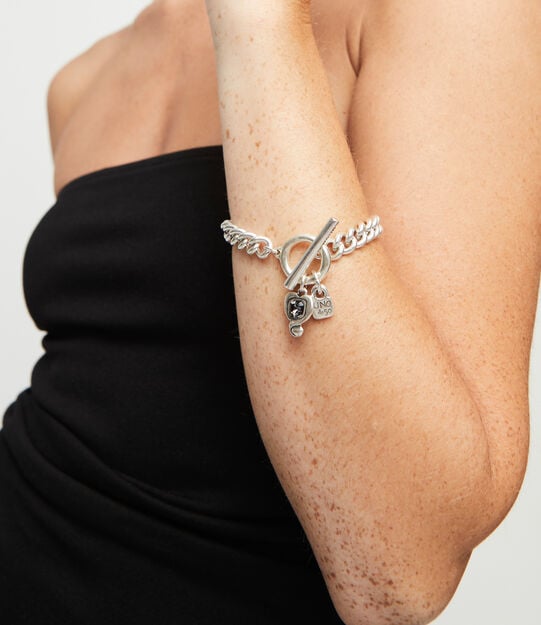 Curb link chain bracelet with charms, Silver, large