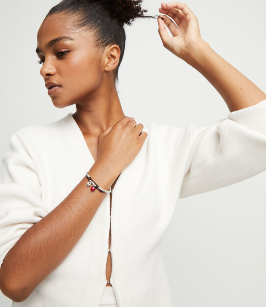 Leather beaded bracelet with red murano glass, Silver, large