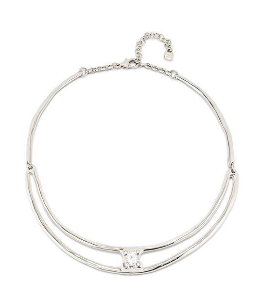 Sterling silver-plated double rigid necklace with white cubic zirconia