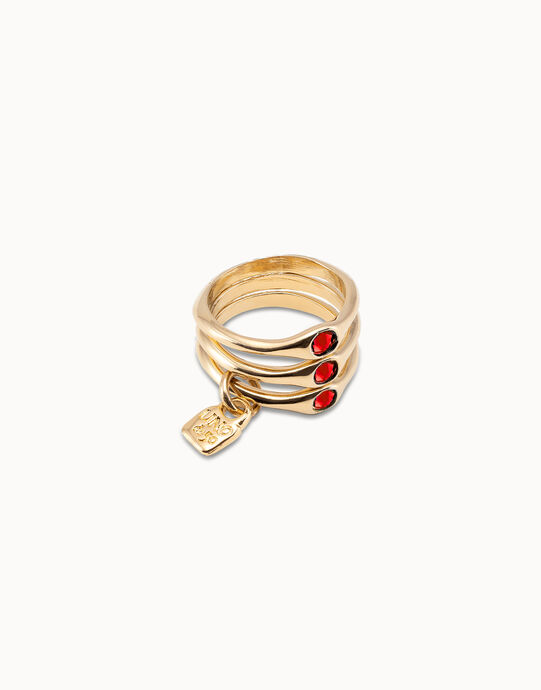 Anillo triple ba&ntilde;ado en oro de 18k con cristales rojos., Dorado, large