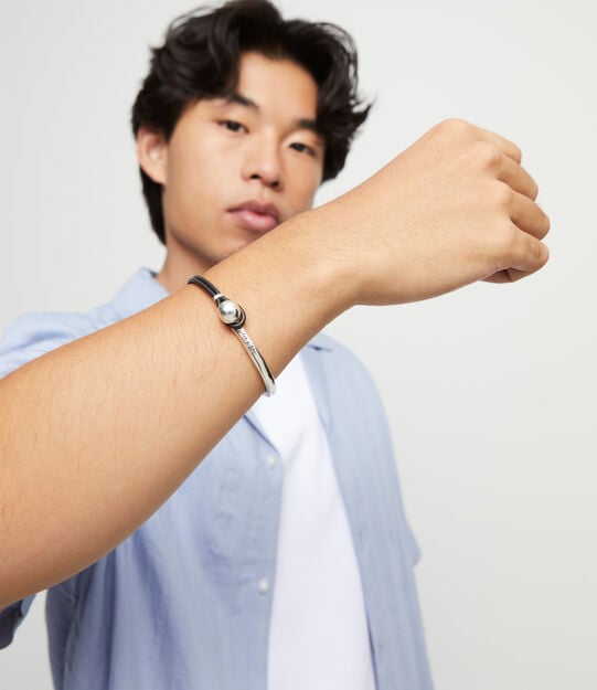 Bangle bracelet with brown leather, Silver, large