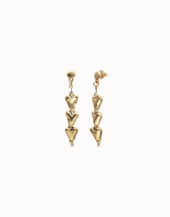 Pendientes largos con corazones encadenados ba&ntilde;ados en oro 18k
