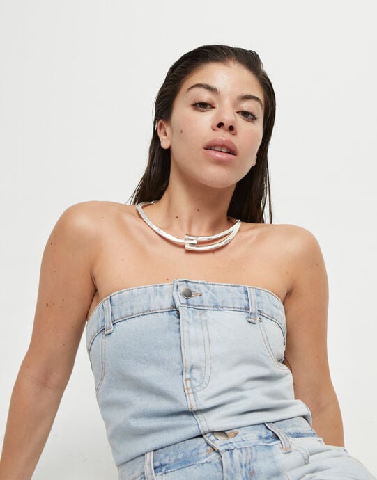 Sculpted Choker Necklace, Silver, large