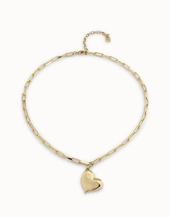 Collar corto ba&ntilde;ado en oro de 18k, cadena de eslabones medianos y coraz&oacute;n mediano, Dorado, large