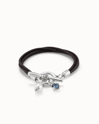 Sterling silver-plated leather bracelet with charms, crystals and pearl.