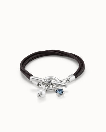 Bracciale di cuoio placcato argento Sterling con charm, cristalli e perla