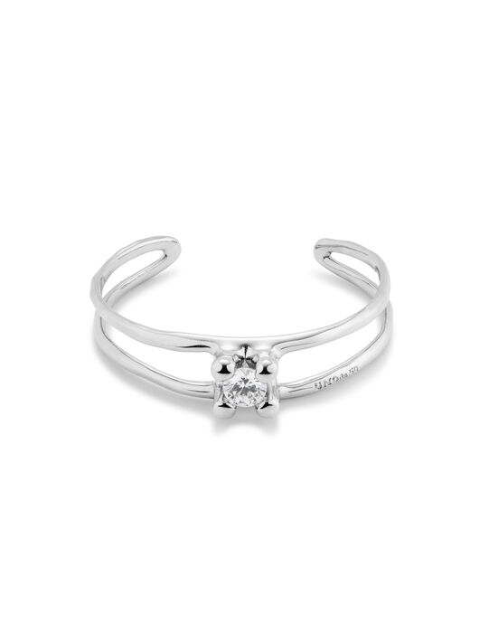 Pulsera rigida semiabierta ba&ntilde;ada en oro de 18k con cristal en el centro