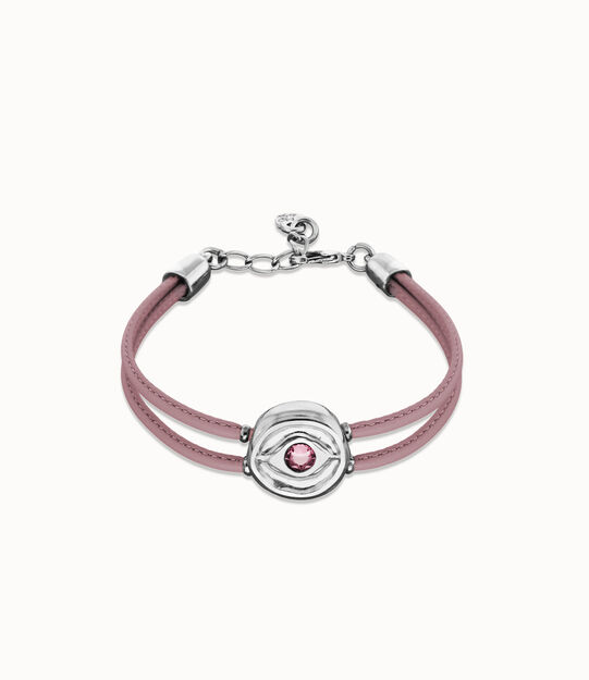 Pulsera doble de cuero lila con ojo bañado en plata de ley