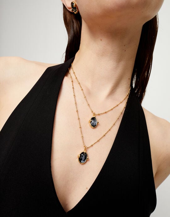 Multi strand necklace with two black oval faceted crystals, Golden, large
