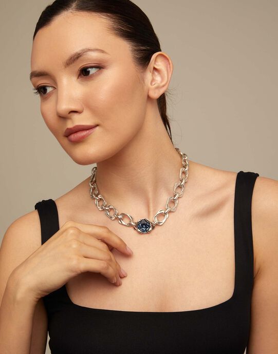 Collar ba&ntilde;ado en plata de ley y cristal central azul, Plateado, large