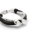 Pulsera combinada en cuero y cuentas ba&ntilde;adas en plata con dos gotas