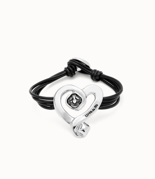 Pulsera de cuero con corazón bañado en plata de ley con cristal negro