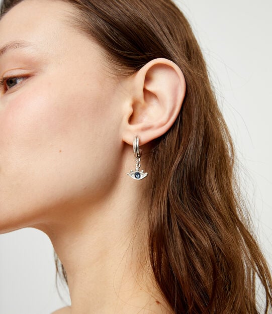 Eye-shaped drop earrings with blue crystal, Silver, large
