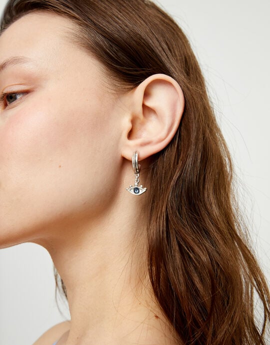 Eye-shaped drop earrings with blue crystal, Silver, large