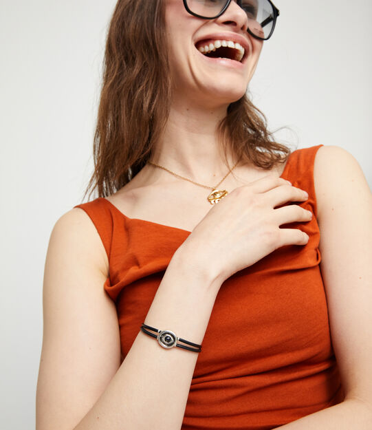 Double black leather birthstone bracelet with eye, Silver, large